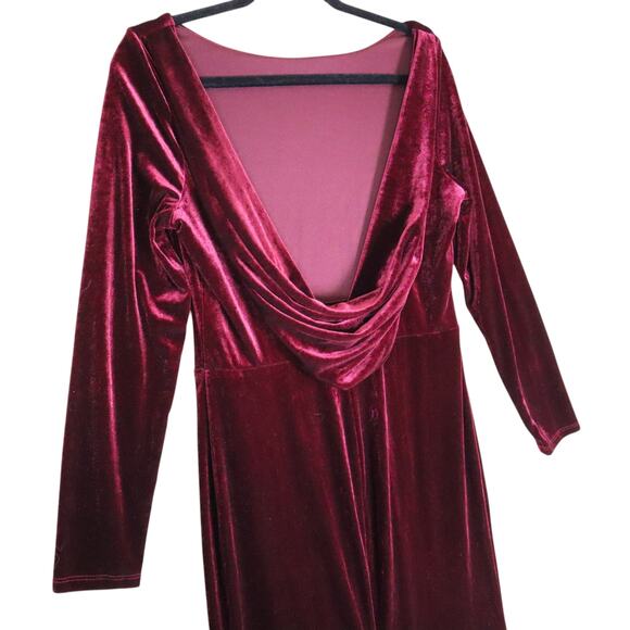 Rebecca B Womens Red Velvet Maxi Dress Size 12 Elegant Open Drape Back Leg Slit - Picture 8 of 13